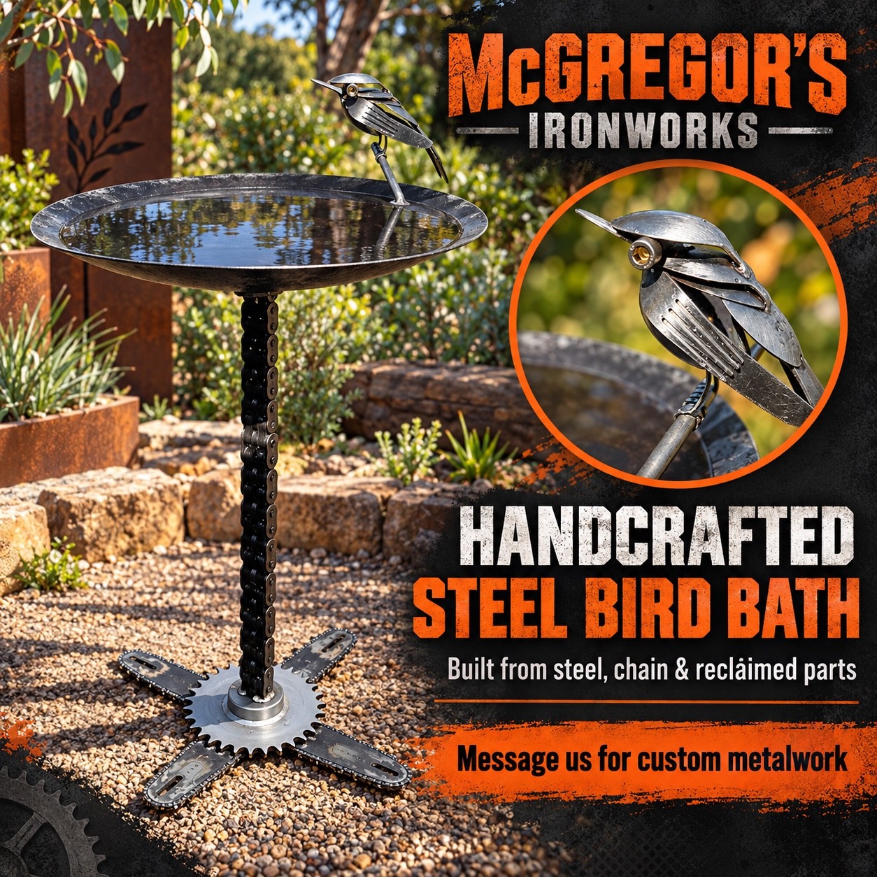 McGregor's Ironworks handcrafted steel bird bath advertisement