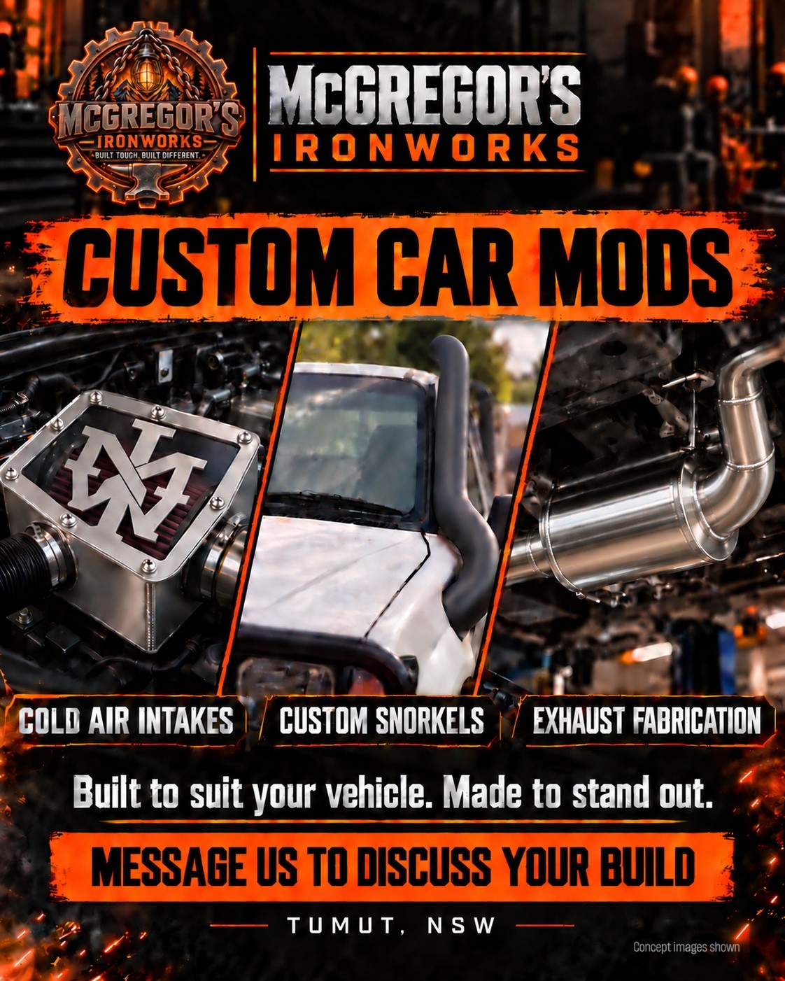 McGregor's Ironworks custom car mods: air intakes, snorkels and exhaust fabrication